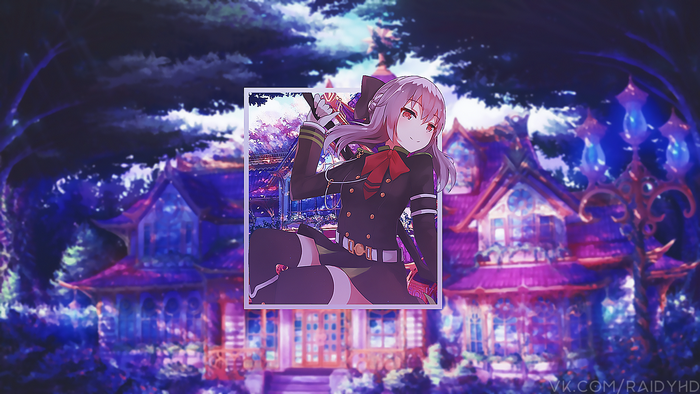 Anime girl in uniform in front of a house