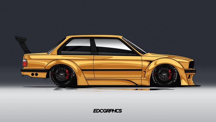 Yellow BMW E30 M3 with widebody kit and spoiler