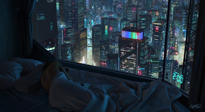 Woman sleeping in bed overlooking a neon cyberpunk city at night