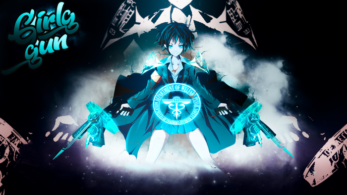 Anime girl with cyan guns and welfare emblem