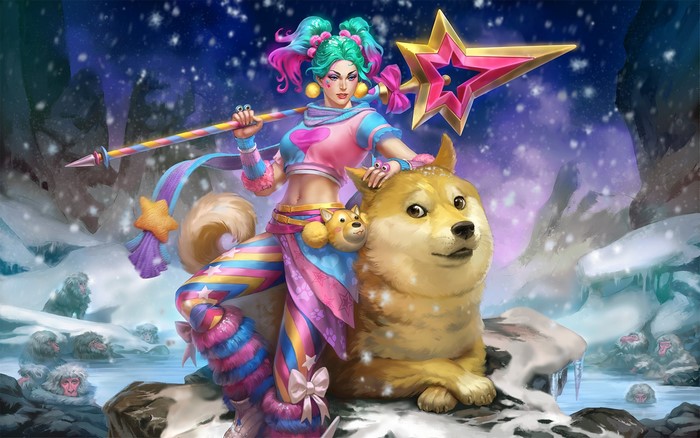 Jing Wei from Smite with a Shiba Inu in the snow
