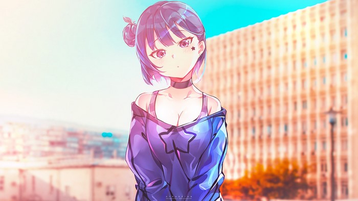 Anime girl with purple hair and star hoodie
