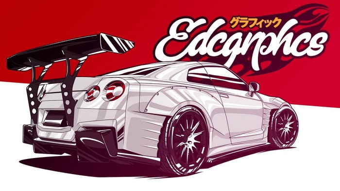 White Nissan GT-R with large rear spoiler and custom wheels