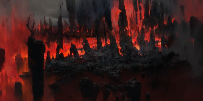 A demonic figure stands on a rock in a fiery landscape