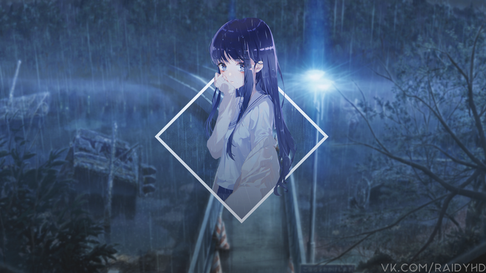 Anime girl in a white shirt standing in the rain