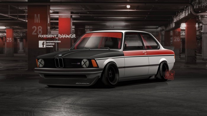 Digital art render of a custom BMW E21 sports car
