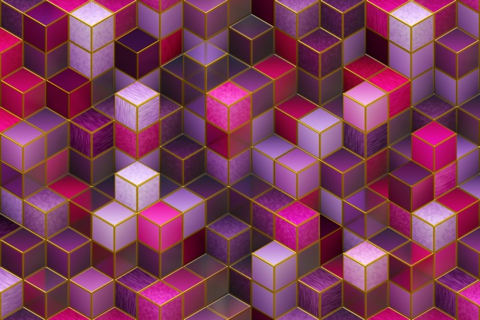 3D Abstract Cubes with Gold Edges in Pink and Purple Hues