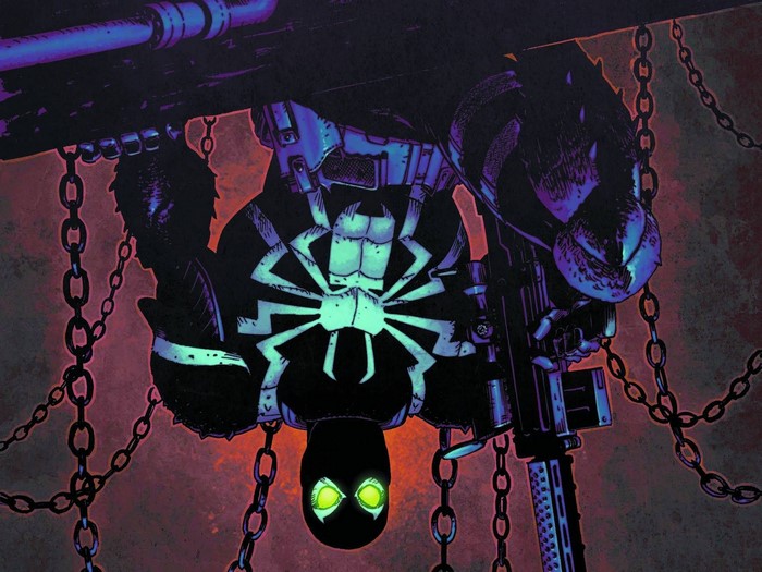 Agent Venom from Marvel Comics holding a gun