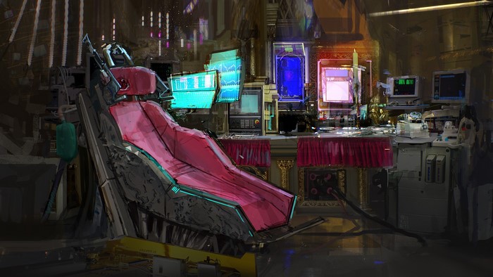 Futuristic laboratory with a pink chair and monitors