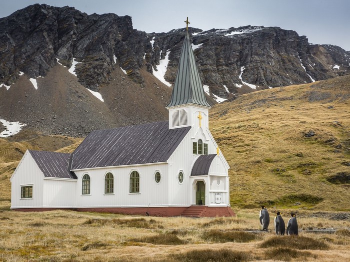 White church with penguins in front of mountains
