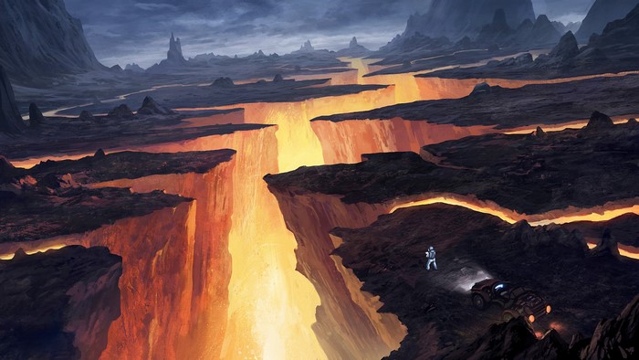 Astronaut and vehicle on a volcanic planet with lava rivers