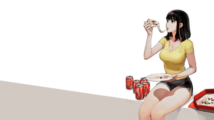 Anime girl eating pizza with Coca-Cola