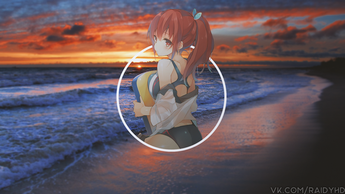 Anime girl with volleyball on beach at sunset