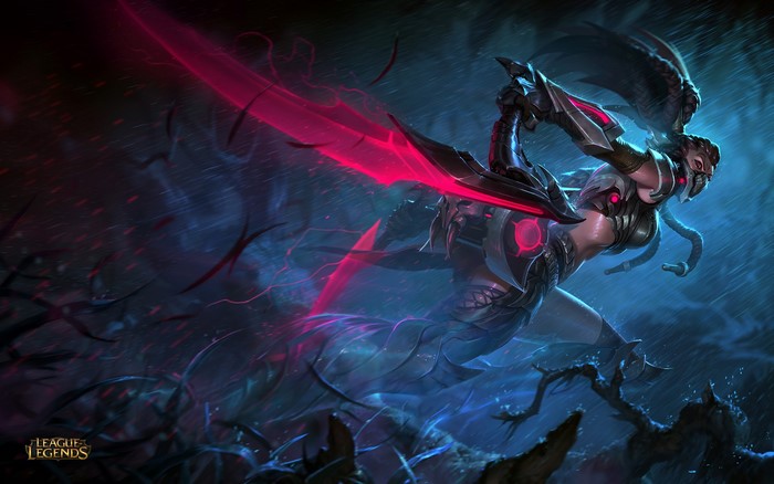 Akali from League of Legends with pink energy blades