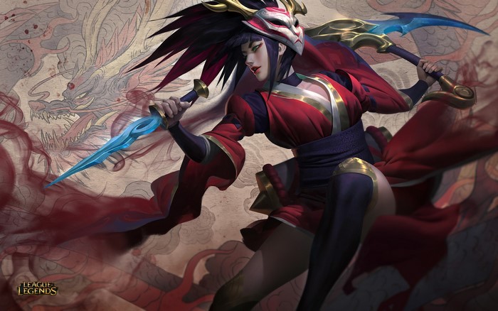 Akali from League of Legends with a dragon background