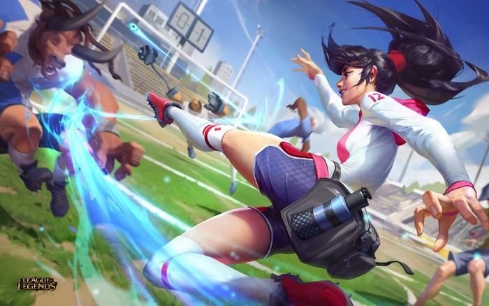 Akali from League of Legends playing soccer