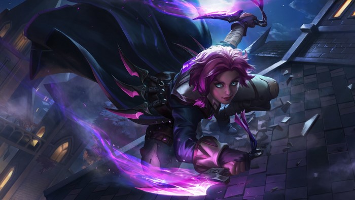 Maeve from Paladins with pink hair and knives