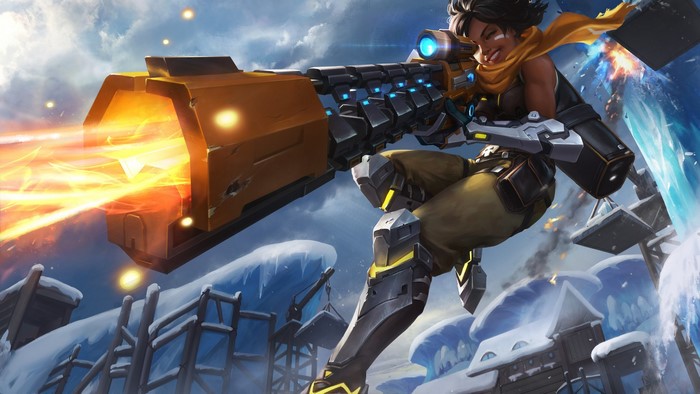 Kinessa from Paladins firing a sniper rifle in winter