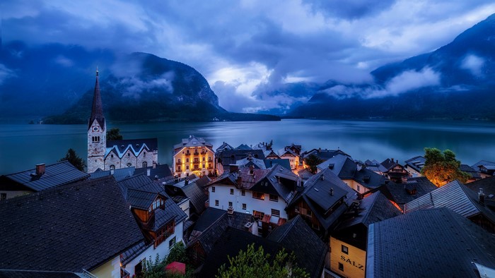 Hallstatt Village with Church and Lake at Dusk