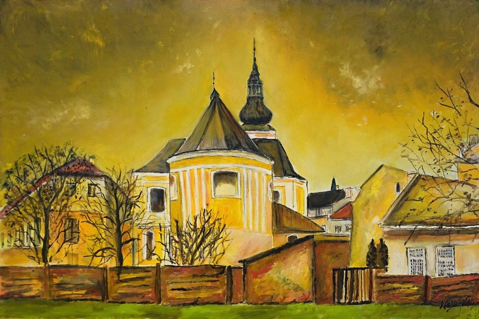 Painting of a yellow church and buildings in a village
