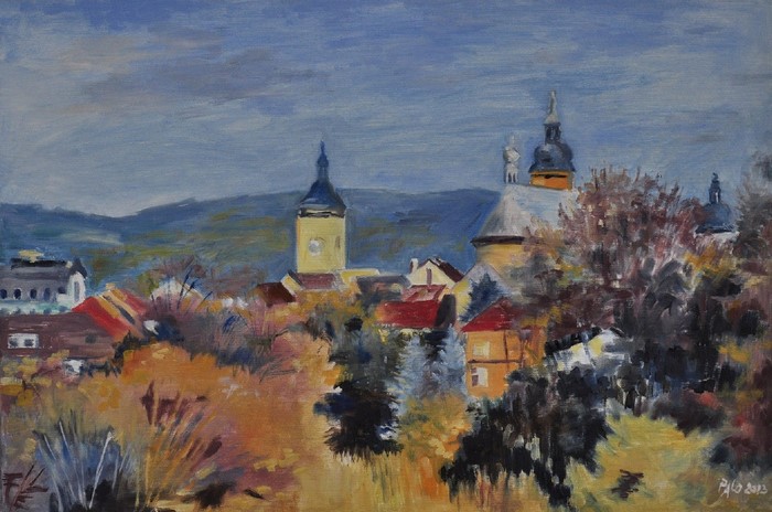 Painting of a Czech village with churches and trees
