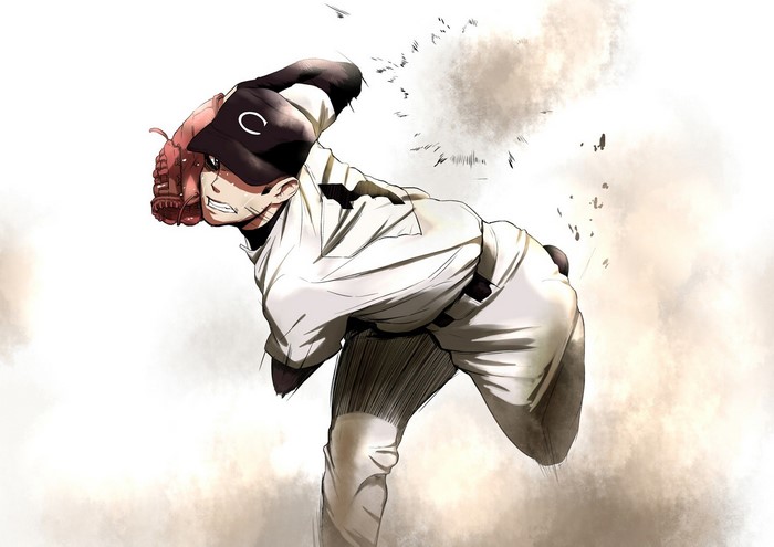 Anime baseball pitcher in uniform throwing a ball