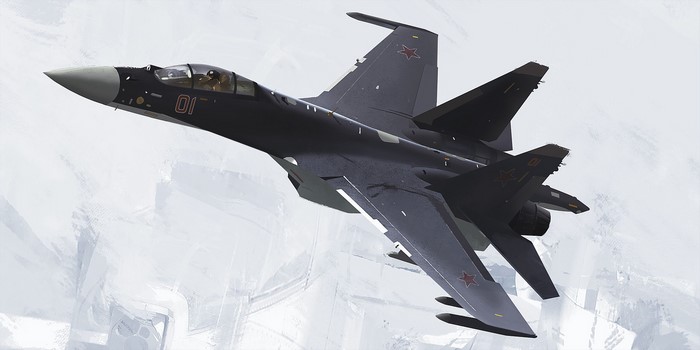 Dark grey jet fighter with red stars in flight