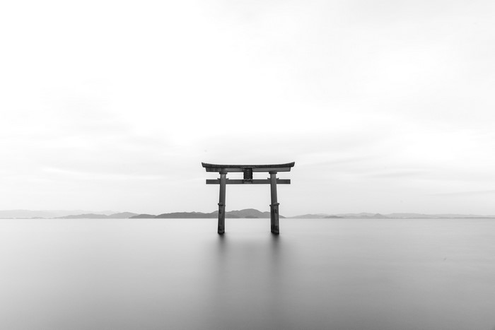 Torii gate in water, Japan, monochrome photography
