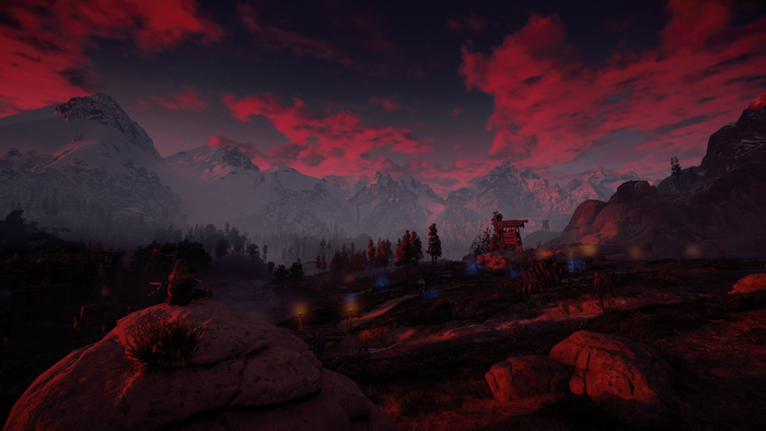 Horizon Zero Dawn 4K screenshot of mountains at sunset