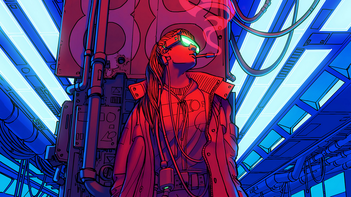 Cyberpunk woman with glowing glasses smoking