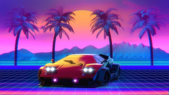 Retro car with palm trees and sunset