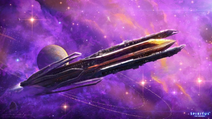 Spaceship in a purple nebula with stars and a planet