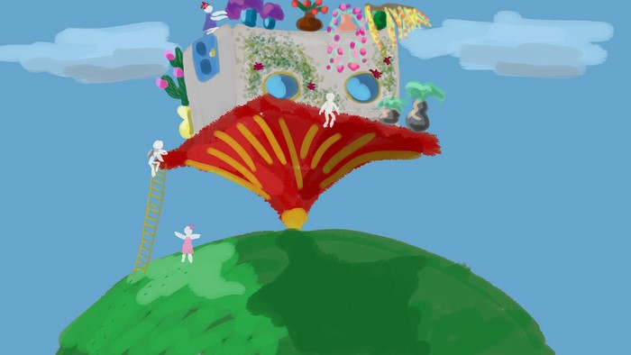 Cartoon house on a hill with fictional characters
