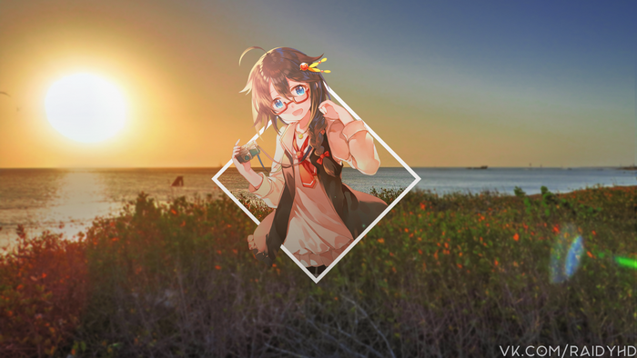 Anime girl with glasses holding a camera at sunset