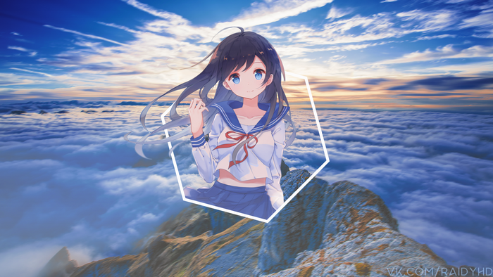 Anime girl in sailor uniform above clouds