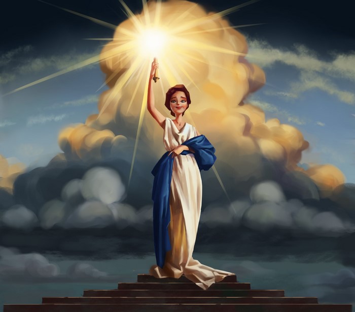 Woman holding a torch on stairs with clouds and sun
