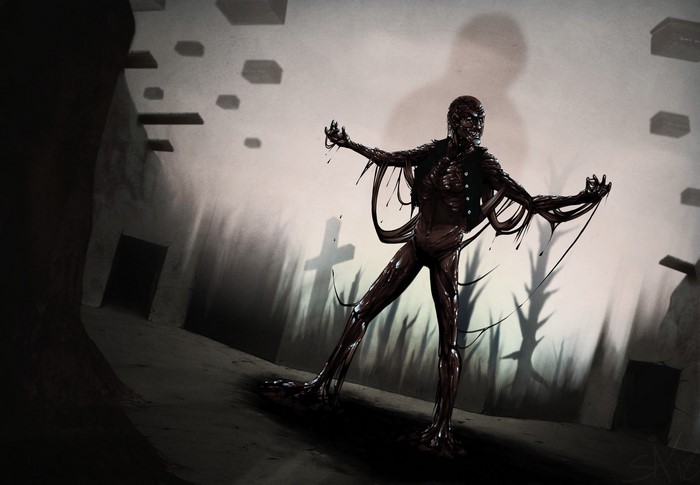 Horror artwork of a dark, shadowy figure in a graveyard