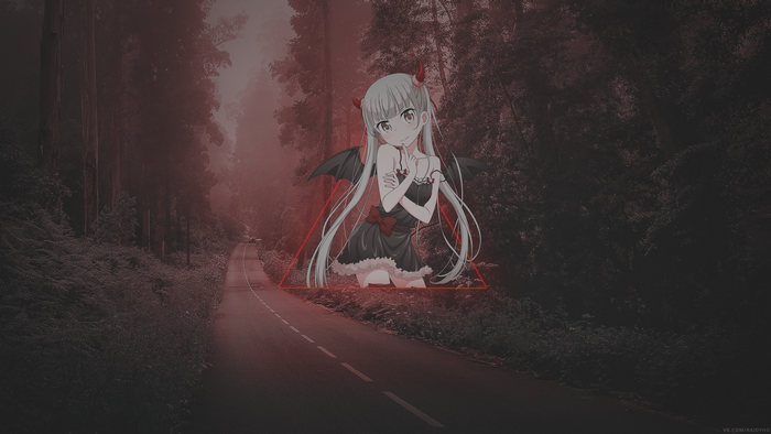 Anime girl with horns and wings in a forest
