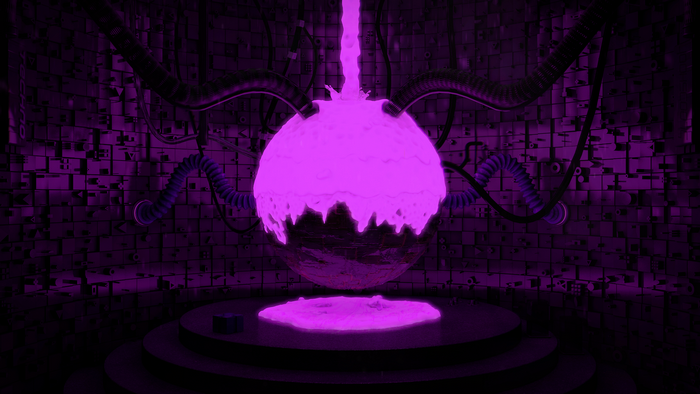 Abstract purple sphere with neon liquid in a futuristic room