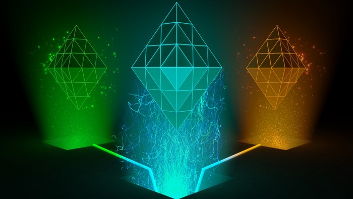 Abstract geometric shapes with colorful light beams