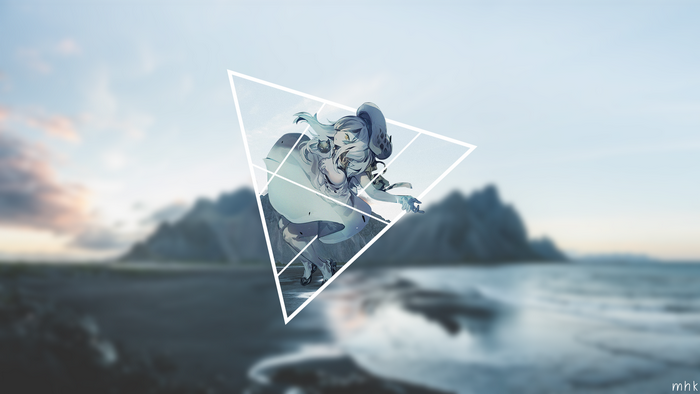 Anime girl with white triangle overlay on beach landscape