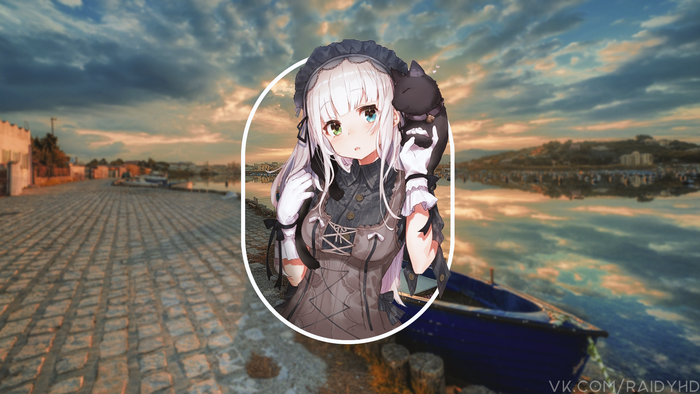 Anime girl with black cat and heterochromia by the water
