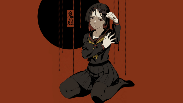 Anime girl with demon horns in a sailor uniform crying