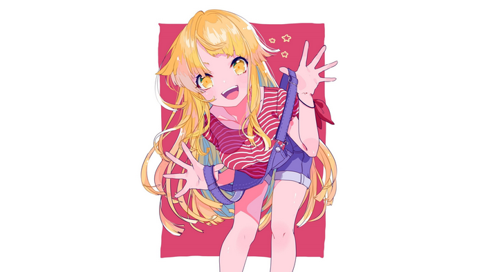 Anime girl with blonde hair wearing overalls