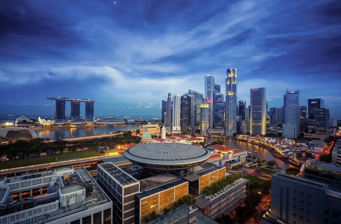 Singapore cityscape at dusk with Marina Bay Sands