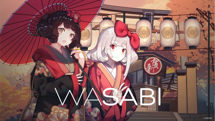 Two anime girls in yukatas with an umbrella