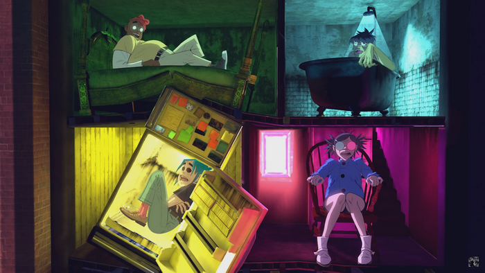 Gorillaz characters in a surreal, multi-level environment
