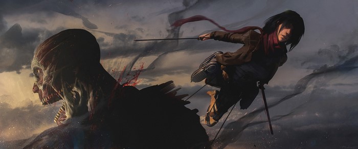 Mikasa Ackerman fighting the Colossal Titan from Attack on Titan