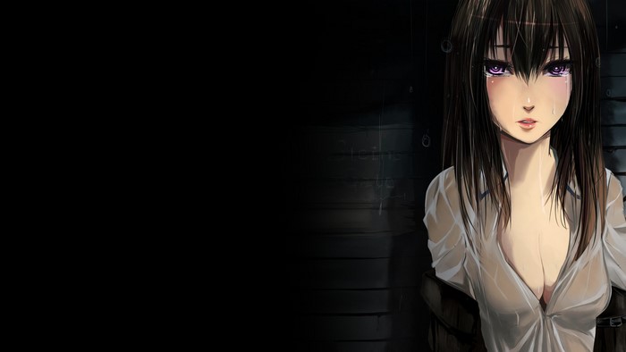 Anime girl with purple eyes in a wet shirt