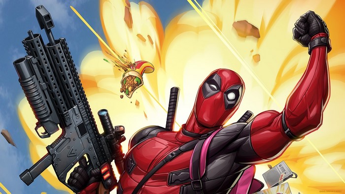 Deadpool from Deadpool 2 with a weapon